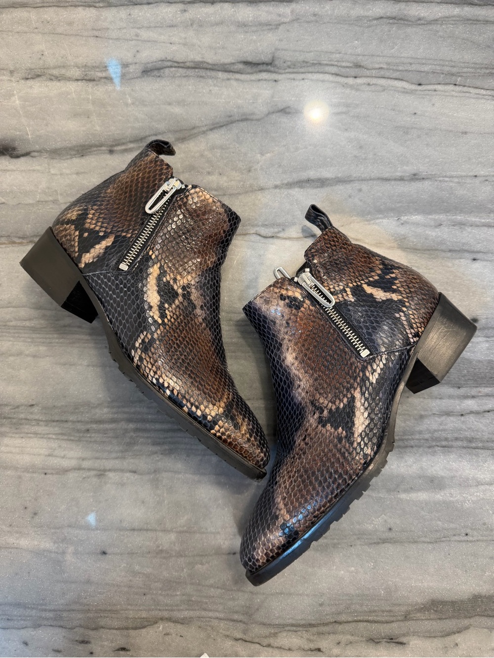 Aquatalia Brown and Black Snake-Print Ankle Booties with Side Zip